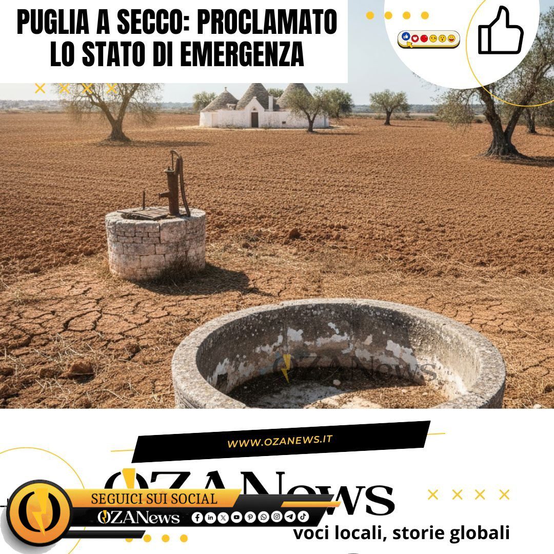 Allarme siccità in Puglia! 🚨 I livelli d’acqua sono ai minimi storici e cresce il rischio di razionamenti per migliaia di cittadini. Il futuro dell’acqua è sempre più incerto: cosa sta succedendo nella nostra regione? 💧 Scopri tutti i dettagli e come prepararti all’emergenza! 
👉 Link in bio per leggere l’articolo completo!

.

.

.

.

.

.

.

.

.

.

#Puglia #Siccità #EmergenzaAcqua #CrisiIdrica #Acqua #Razionamenti #PugliaNews #Ambiente #WaterCrisis #Sostenibilità #CambiamentoClimatico #SenzAcqua #ProteggiamoLaPuglia #EcoFriendly #AmbienteItalia #ClimateChange #SalviamoLaTerra #NotiziePuglia #Attualità #Emergenza #Italia #ViralNews #staytuned #ozanews