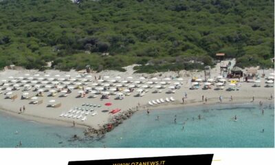 Ugento's pineta comunale (pine forest) overlooks a beach with umbrellas and people.