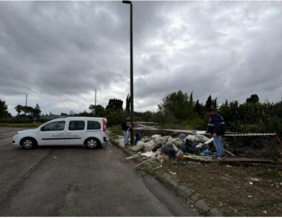 Otranto Coast Guard environmental checks. Coast Guard vehicle near a waste site with caution tape. Cruise ship pollution.