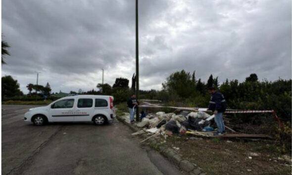 Otranto Coast Guard environmental checks. Coast Guard vehicle near a waste site with caution tape. Cruise ship pollution.