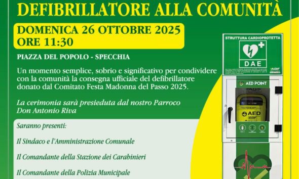 Specchia defibrillator ceremony poster. Madonna del Passo festival. Community receives life-saving AED. October 26, 2025.