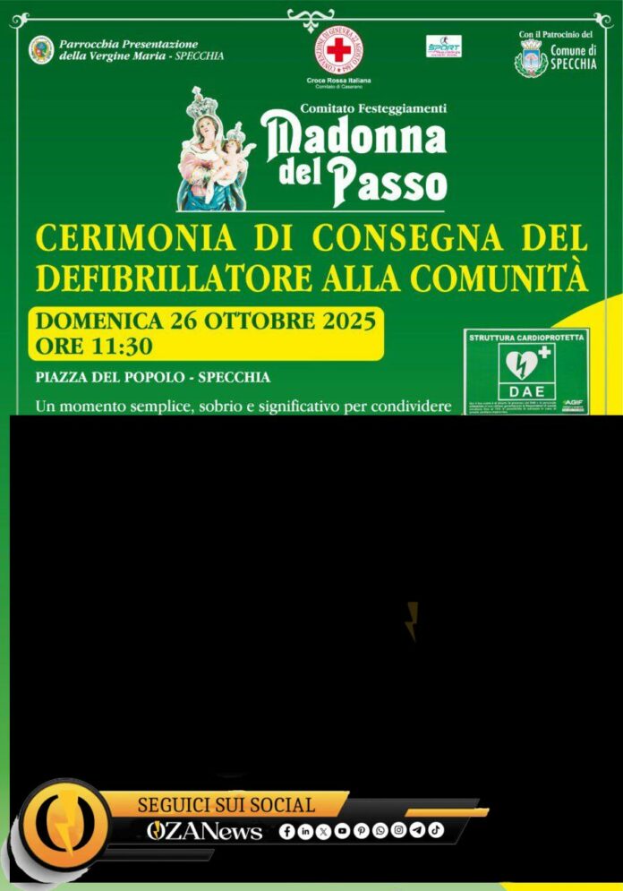 Specchia defibrillator ceremony poster. Madonna del Passo festival. Community receives life-saving AED. October 26, 2025.