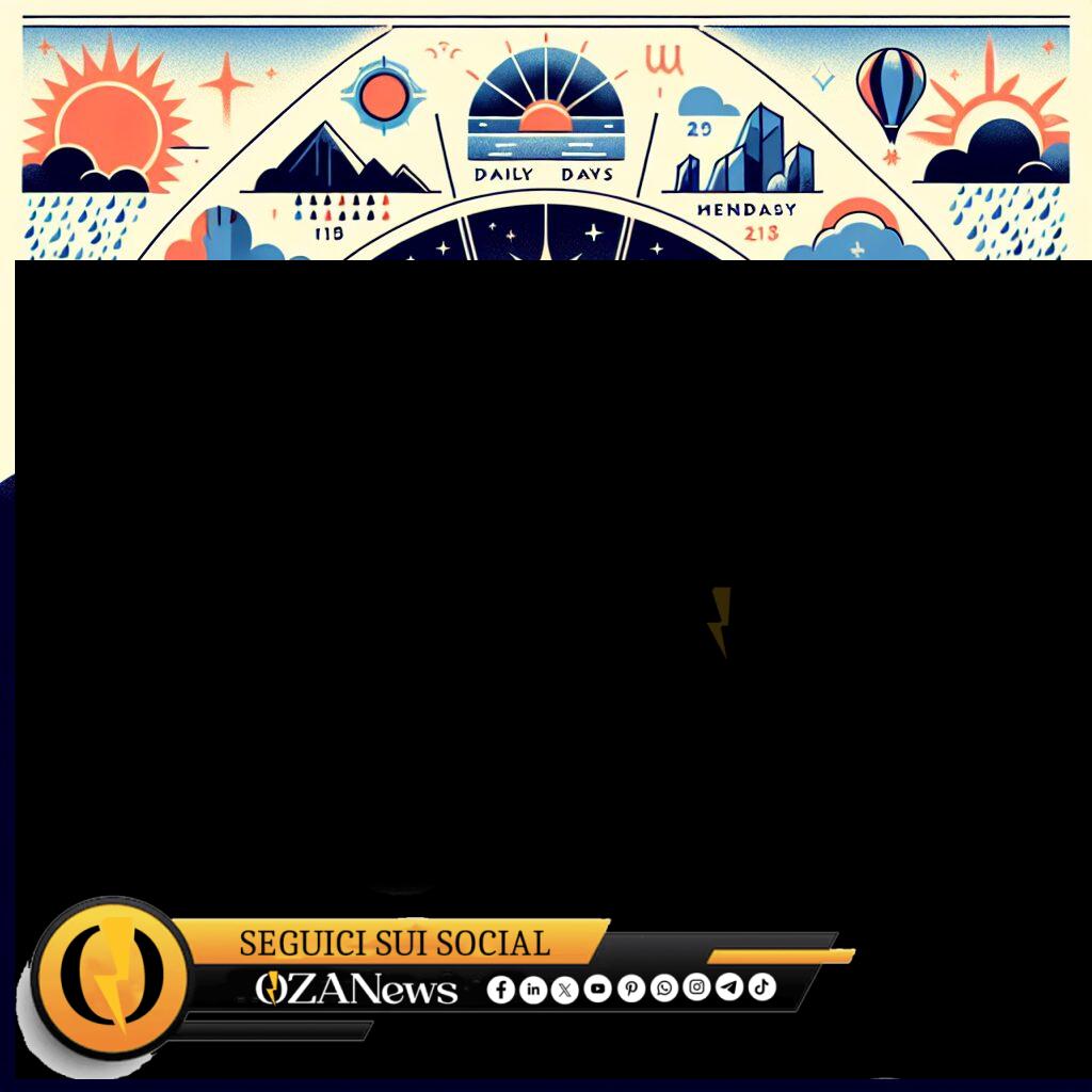 L’oroscopo di oggi, 25 ottobre 2025 Weather and Zodiac Wheel. Graphic illustration of sun, moon, rain, and astrological symbols.