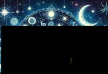 L’roscopo di oggi, domenica 26 ottobre 2025 Intricate astrology chart with zodiac signs, moon phases, and constellations. Ocean and clock elements.