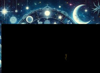 L’roscopo di oggi, domenica 26 ottobre 2025 Intricate astrology chart with zodiac signs, moon phases, and constellations. Ocean and clock elements.