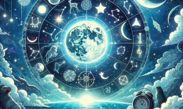 Intricate astrology chart with zodiac signs, moon phases, and constellations. Ocean and clock elements.