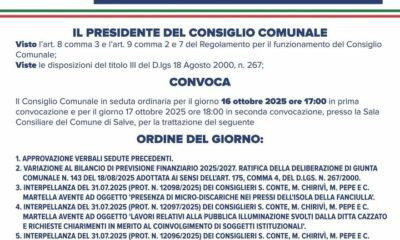 Consiglio comunale straordinario in diretta il 16 ottobre