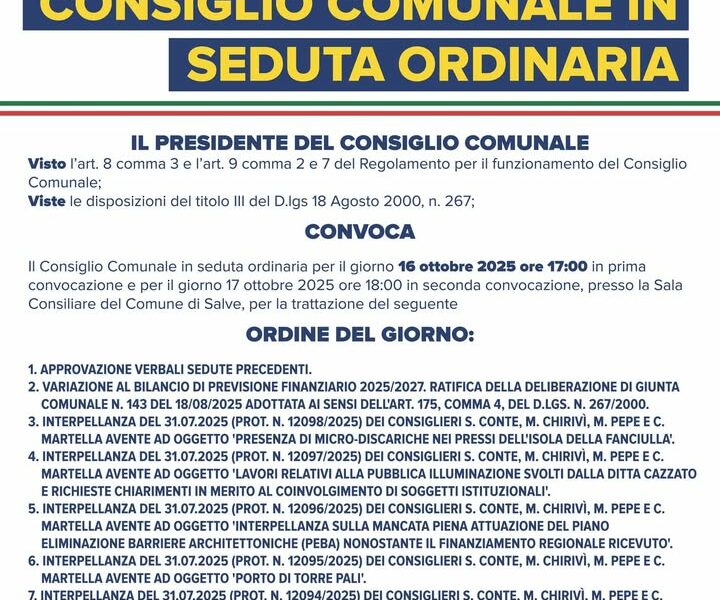 Consiglio comunale straordinario in diretta il 16 ottobre
