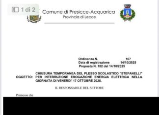 Scuola Stefanelli chiusa il 17 ottobre a Presicce Acquarica Scuola Stefanelli chiusa il 17 ottobre per blackout elettrico