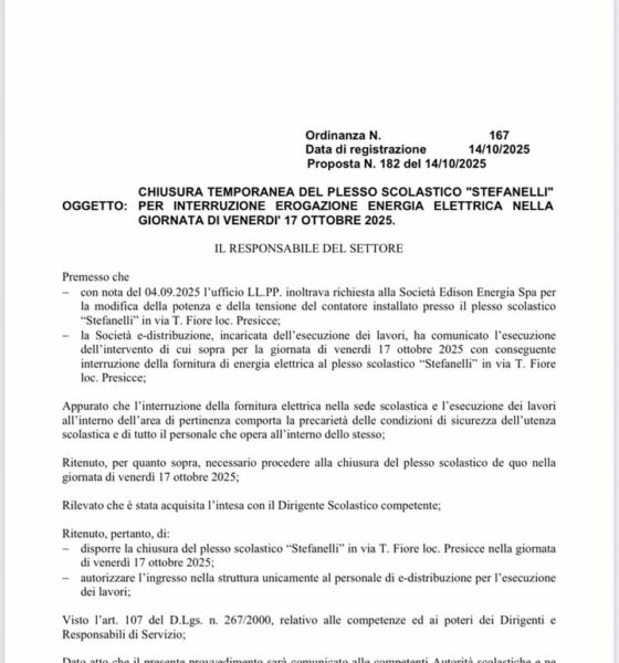 Scuola Stefanelli chiusa il 17 ottobre per blackout elettrico
