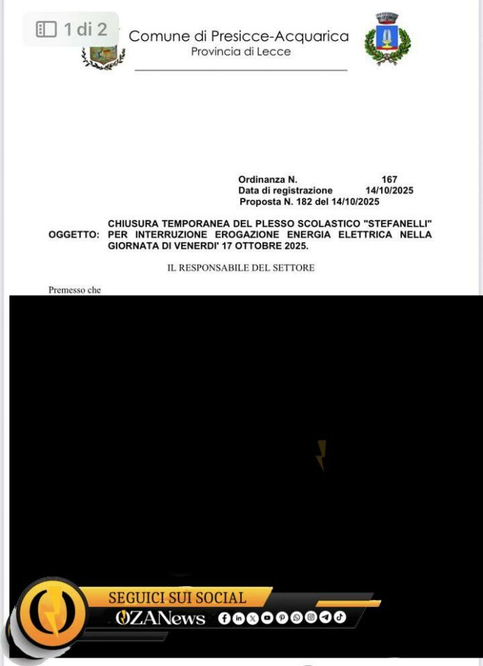 Scuola Stefanelli chiusa il 17 ottobre per blackout elettrico Scuola Stefanelli chiusa il 17 ottobre per blackout elettrico