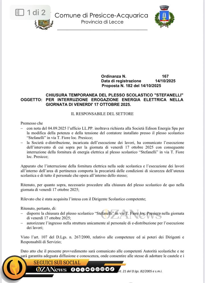 Scuola Stefanelli chiusa il 17 ottobre per blackout elettrico
