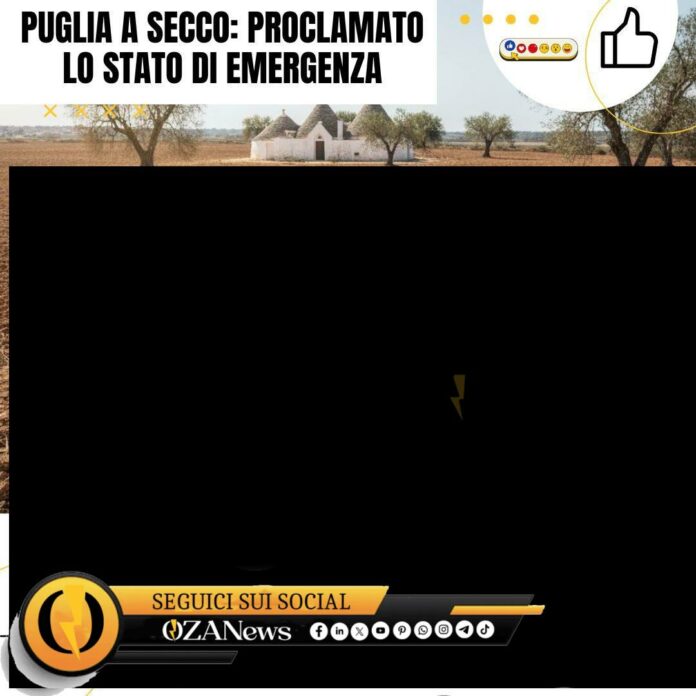 Dry Puglia landscape with cracked earth, wells, and trulli. Drought emergency in Puglia.