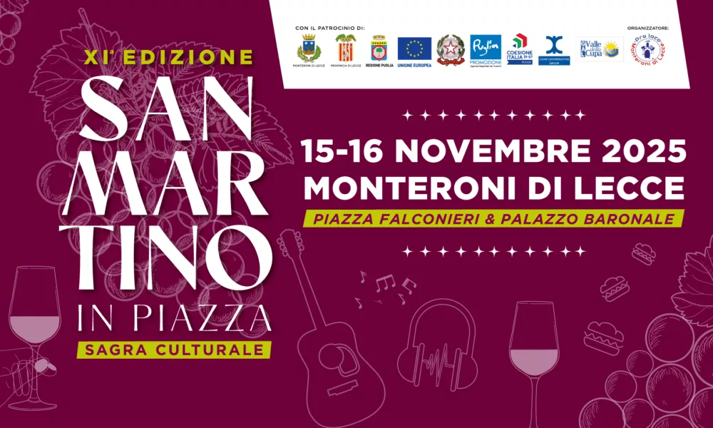 Monteroni di Lecce si prepara alla sagra 'San Martino in Piazza': due giorni di festa, cultura e vino novello nel cuore del Salento.