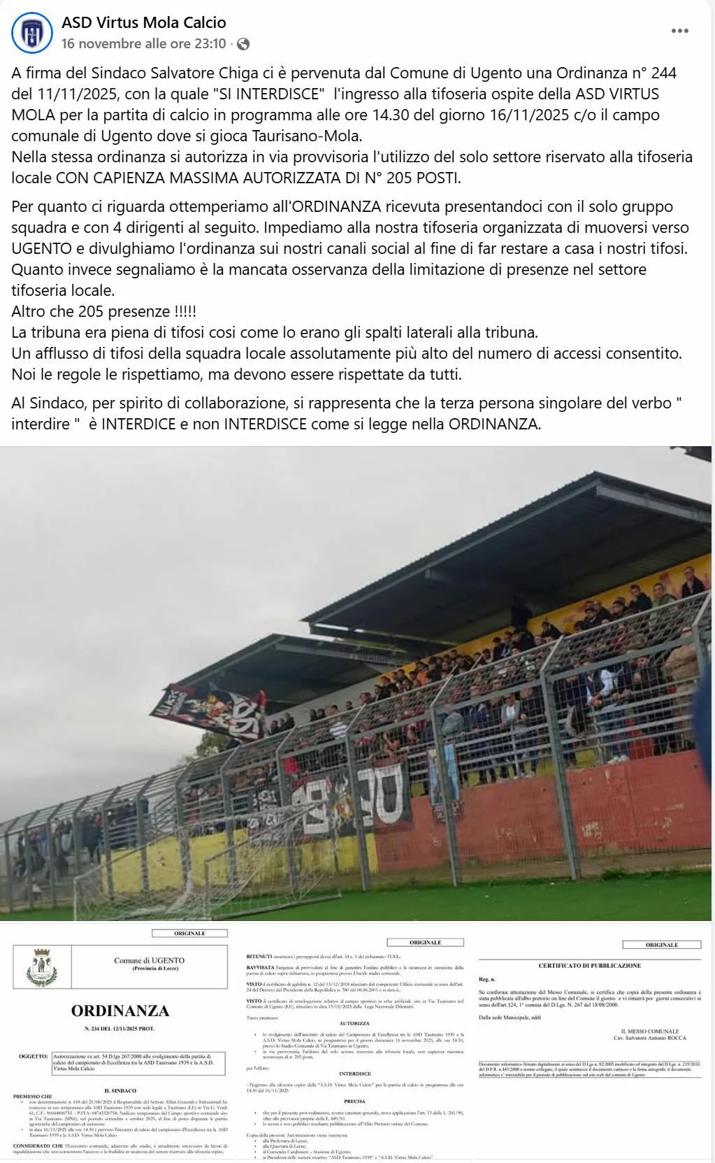 Ugento, caos al campo sportivo: vietato l’ingresso ai tifosi ospiti, ma la tribuna locale è sovraffollata Caos al campo sportivo