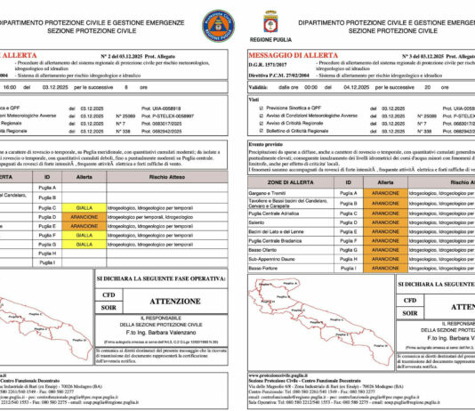 Allerta meteo in Puglia Prorogata allerta meteo arancione in Puglia per rischio idrogeologico. Massima attenzione in tutto il Salento e nelle zone a rischio.