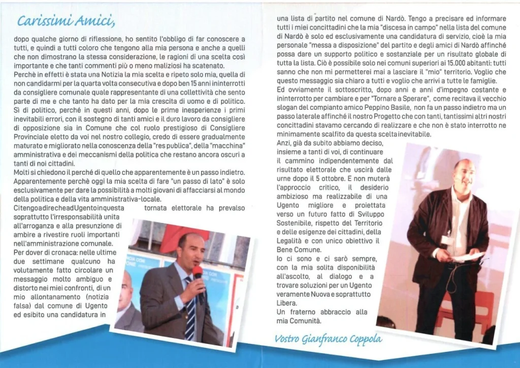 Immagine 1: Gianfranco Coppola e la sua assenza alle elezioni - Basso Salento