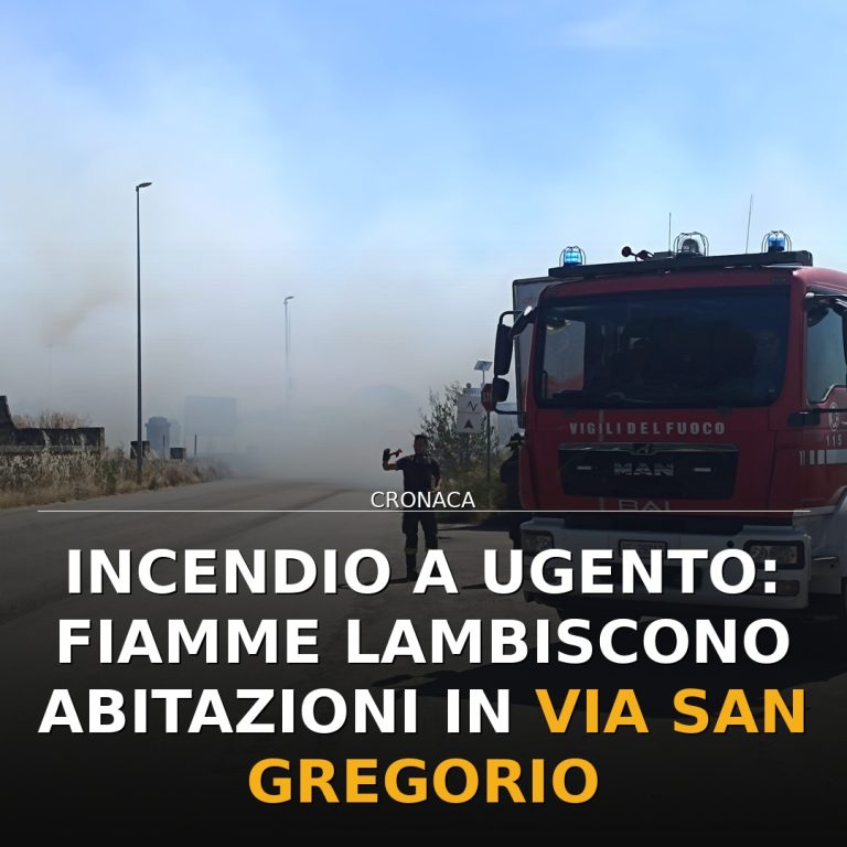 Incendio a Ugento: fiamme lambiscono abitazioni in via San Gregorio
