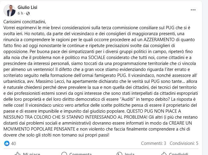 PUG a Ugento: maggioranza in bilico e cittadini sul piede di guerra