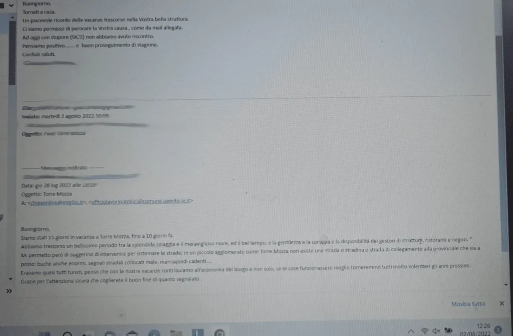 Immagine 1: La lettera dei turisti al sindaco di Ugento, che purtroppo non risponde - Ugento
