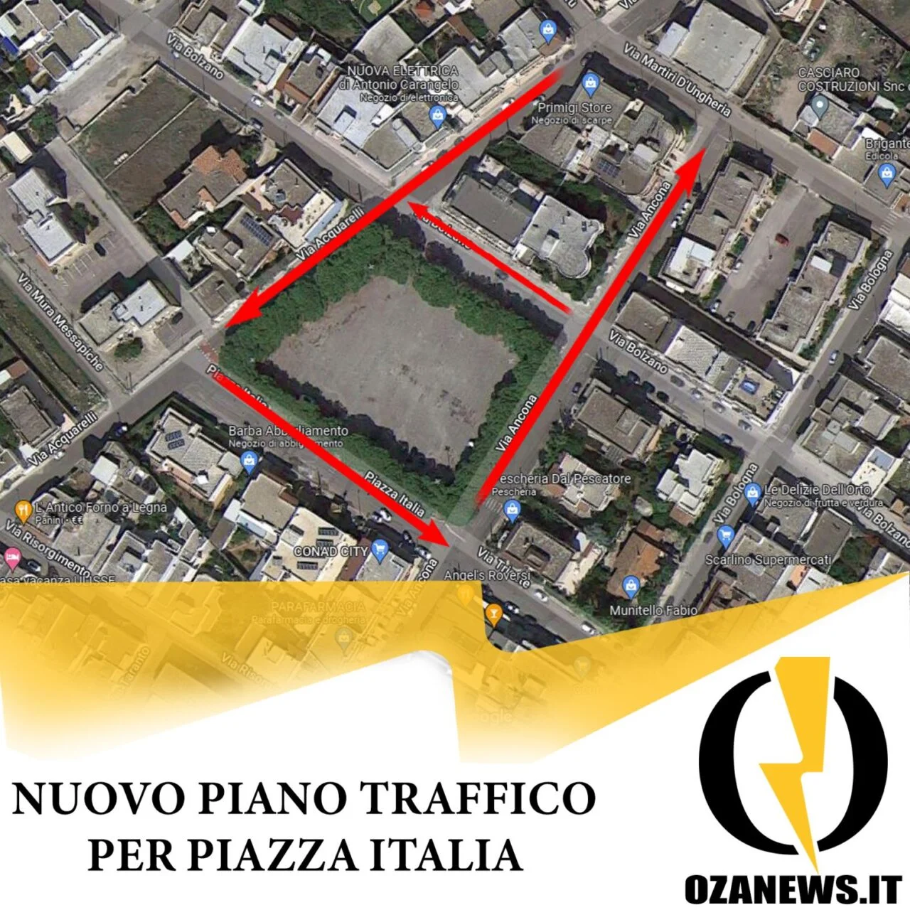 Piazza Italia diventa un’enorme rotatoria quadrata