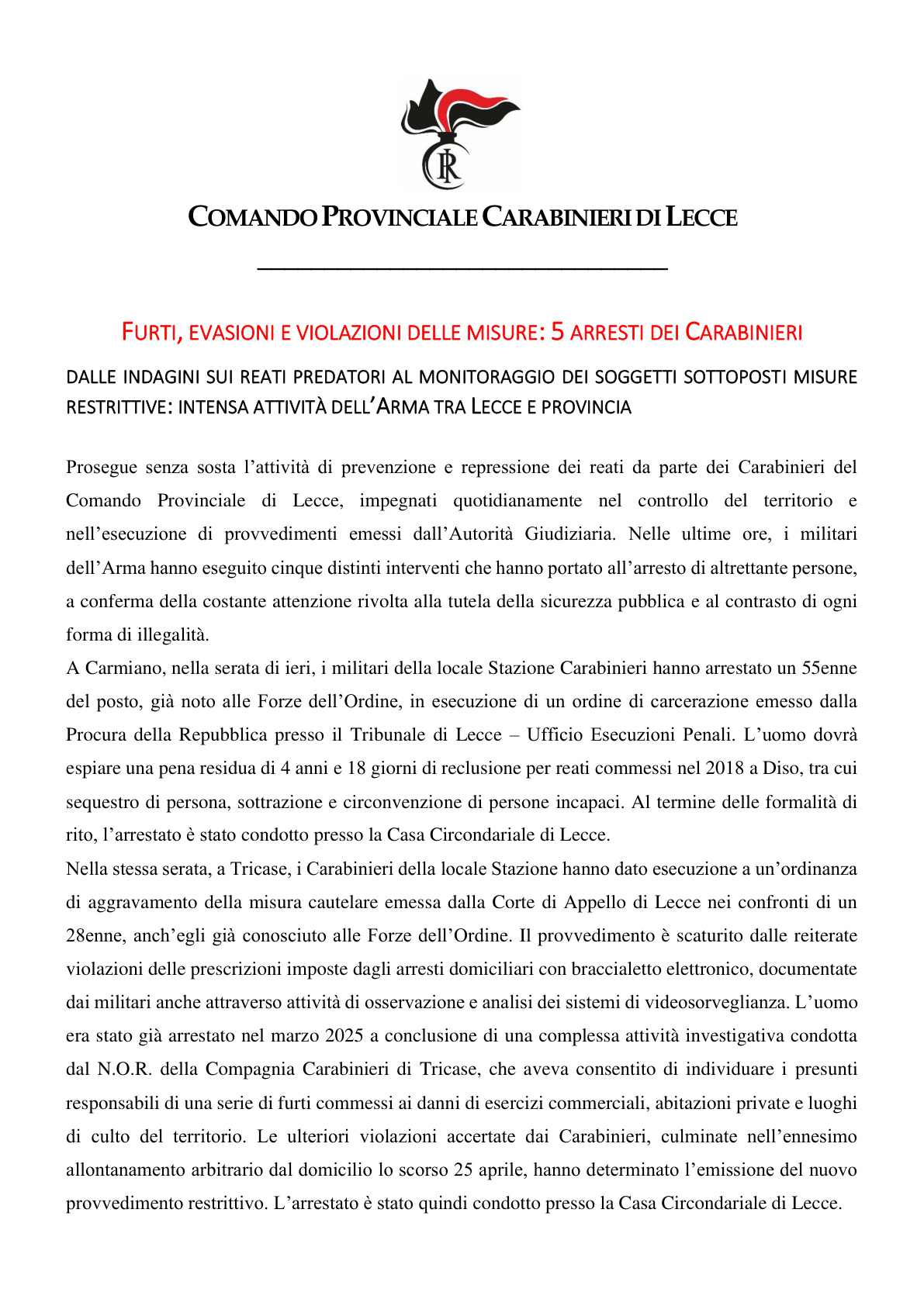 Cinque arresti dei Carabinieri nel Leccese per furti ed evasioni