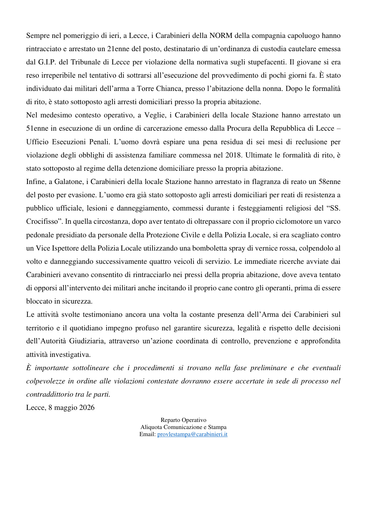 Cinque arresti dei Carabinieri nel Leccese per furti ed evasioni