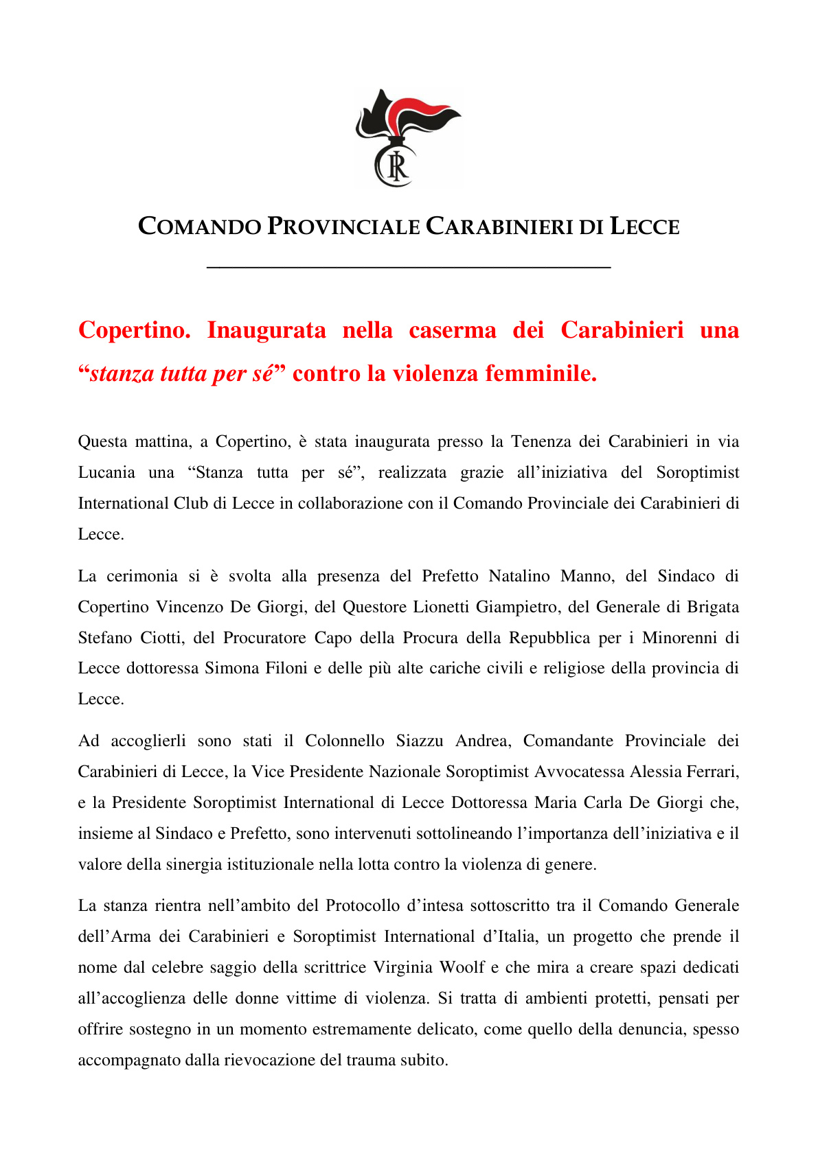 Inaugurata a Copertino la 'Stanza tutta per sé' contro la violenza femminile