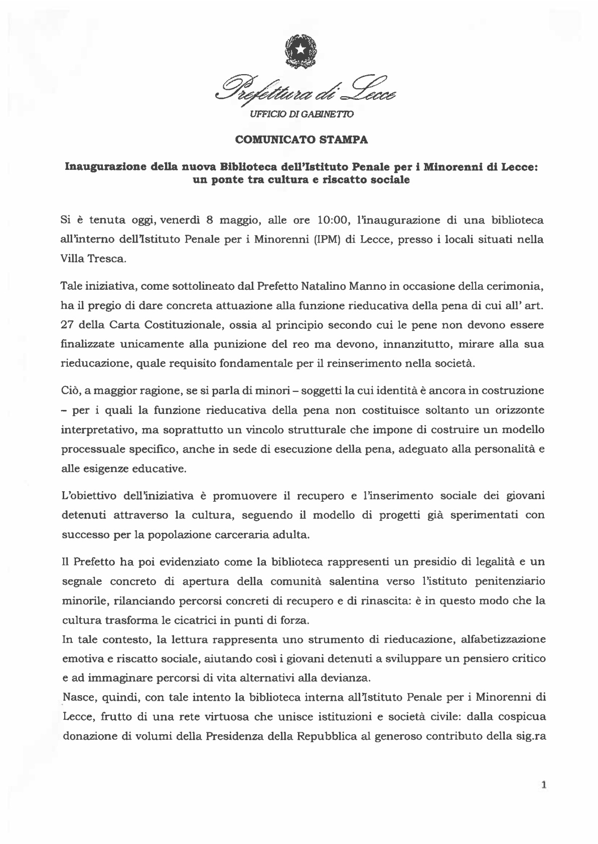 Inaugurata la nuova Biblioteca all'Istituto Penale Minorile di Lecce