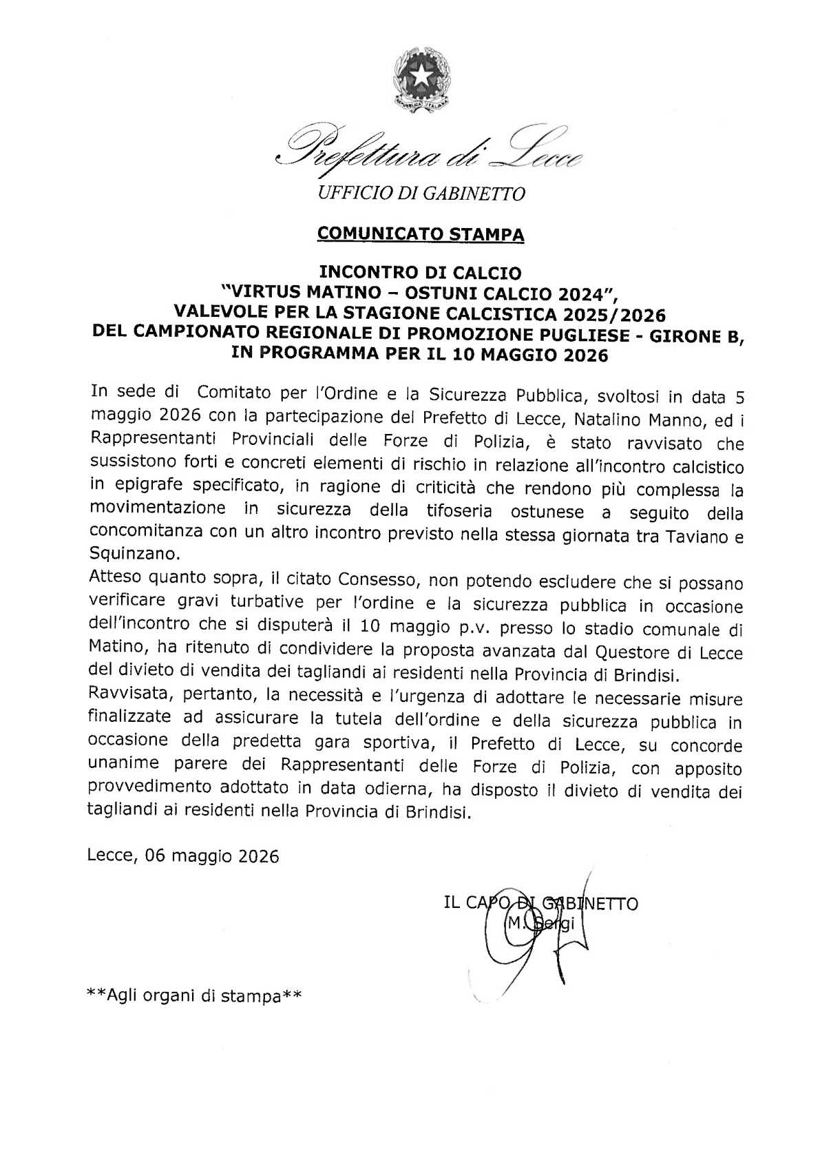 Misure di sicurezza per l'incontro Virtus Matino - Ostuni Calcio - Ozanews