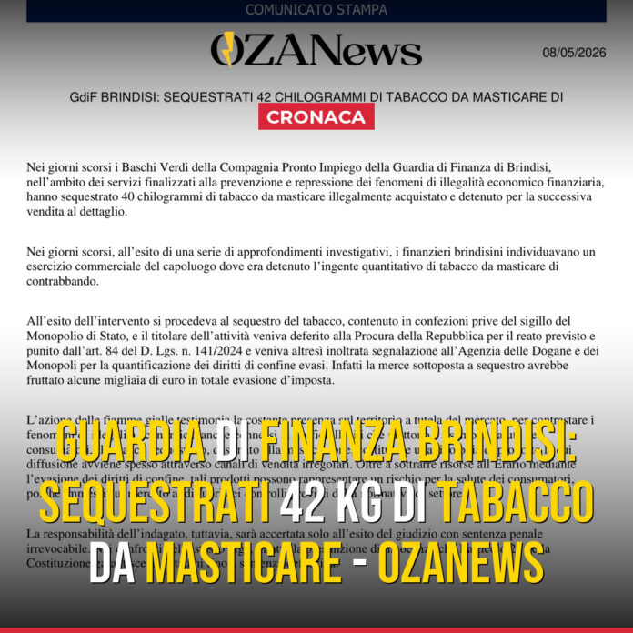 Guardia di Finanza Brindisi: sequestrati 42 kg di tabacco da masticare - Ozanews