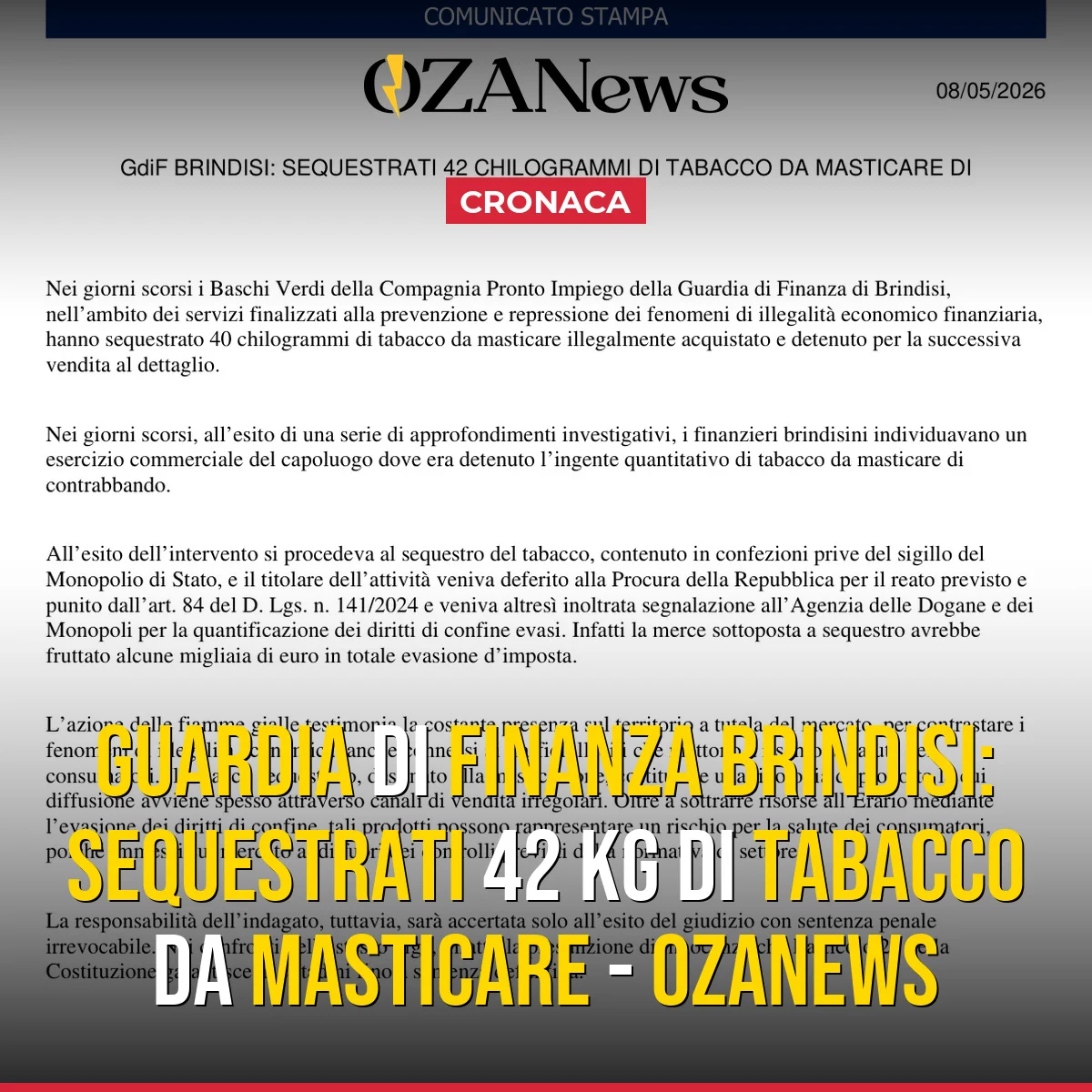 Sequestro di 42 kg di tabacco a Brindisi