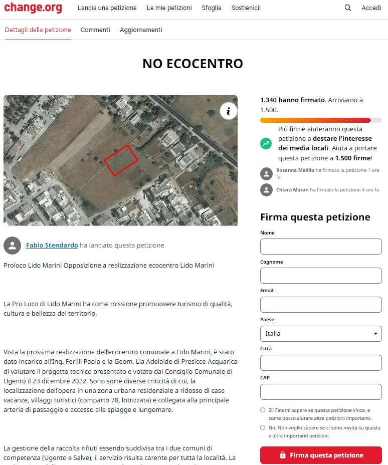La petizione contro l’eco centro di Lido Marini viaggia verso le 1500 firme