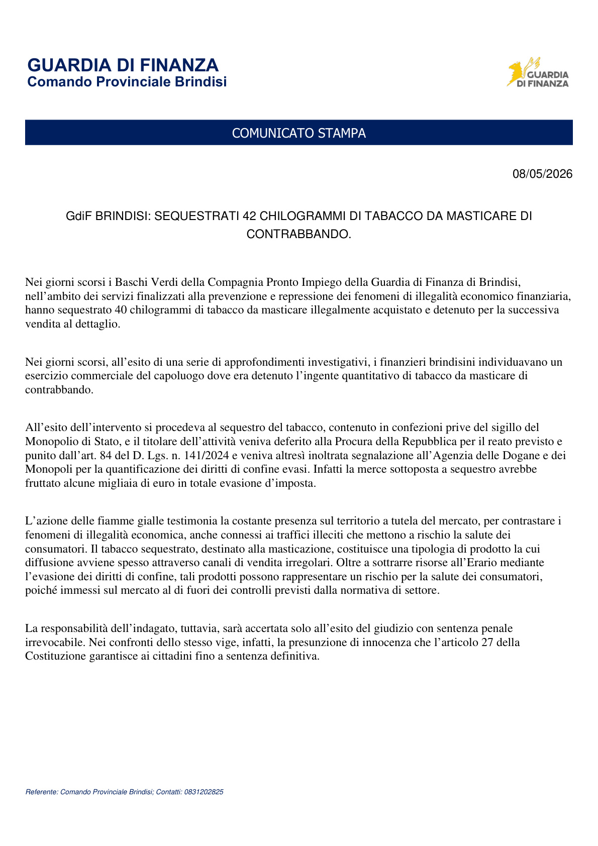Guardia di Finanza Brindisi: sequestrati 42 kg di tabacco da masticare - Ozanews