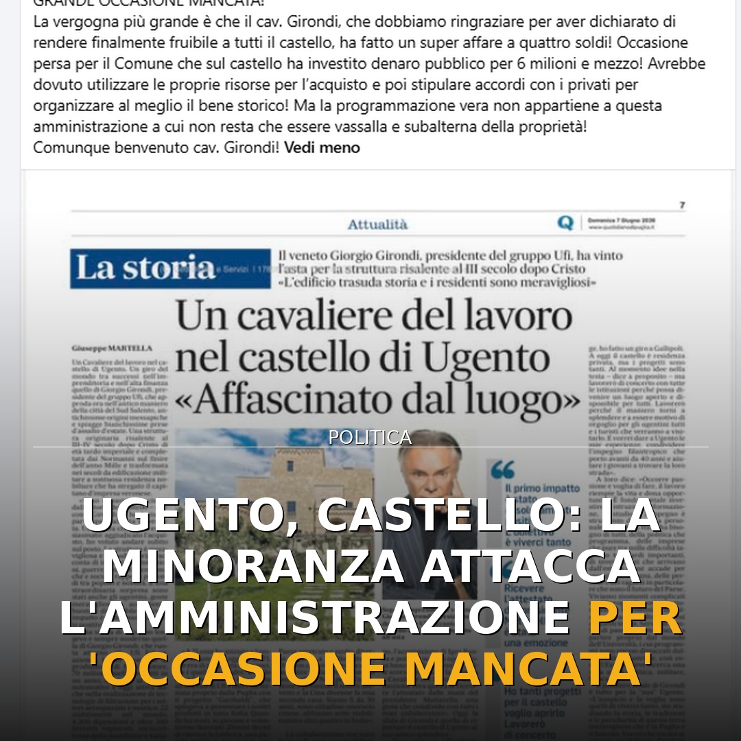 Ugento, Castello: la minoranza attacca l’amministrazione per ‘occasione mancata’