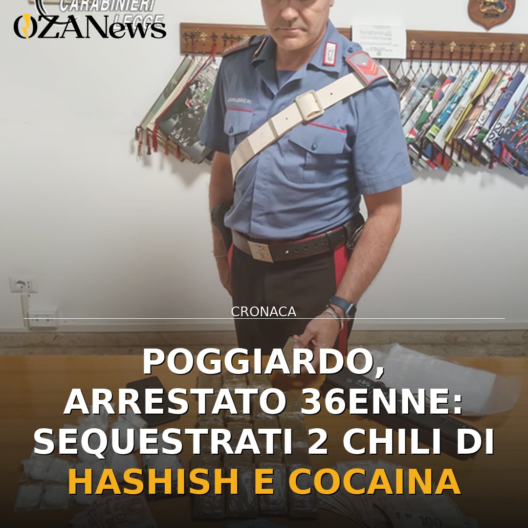 Poggiardo, arrestato 36enne: sequestrati 2 chili di hashish e cocaina