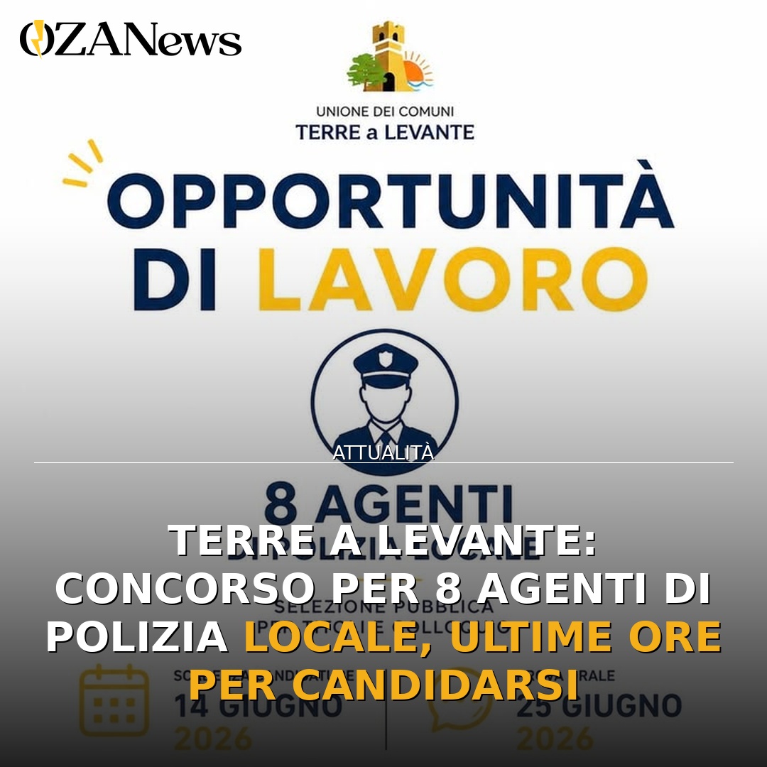 Terre a Levante: Concorso per 8 Agenti di Polizia Locale, ultime ore per candidarsi