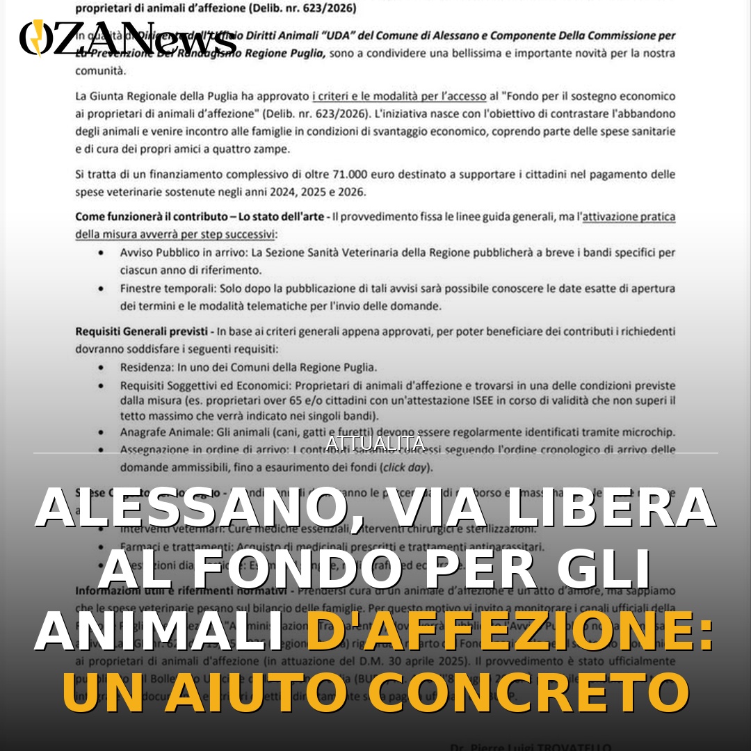 Alessano, via libera al fondo per gli animali d’affezione: un aiuto concreto