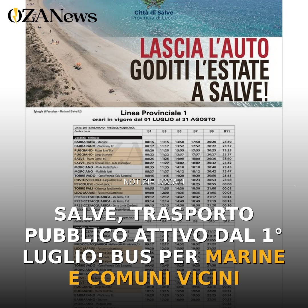 Salve, trasporto pubblico attivo dal 1° luglio: bus per marine e comuni vicini