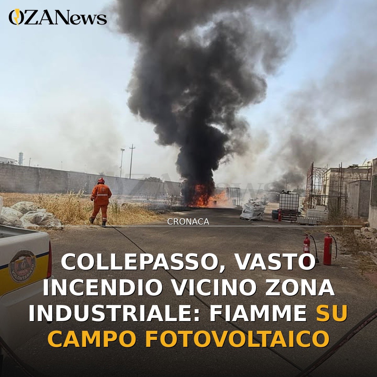 Collepasso, vasto incendio vicino zona industriale: fiamme su campo fotovoltaico