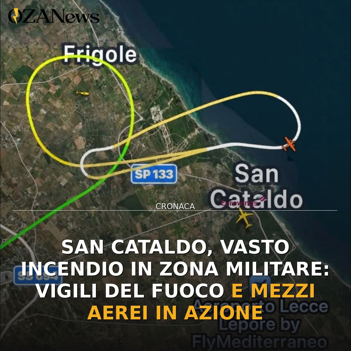 San Cataldo, vasto incendio in zona militare: Vigili del Fuoco e mezzi aerei in azione