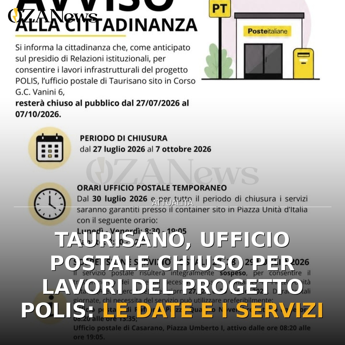 Taurisano, Ufficio Postale chiuso per lavori del Progetto POLIS: le date e i servizi