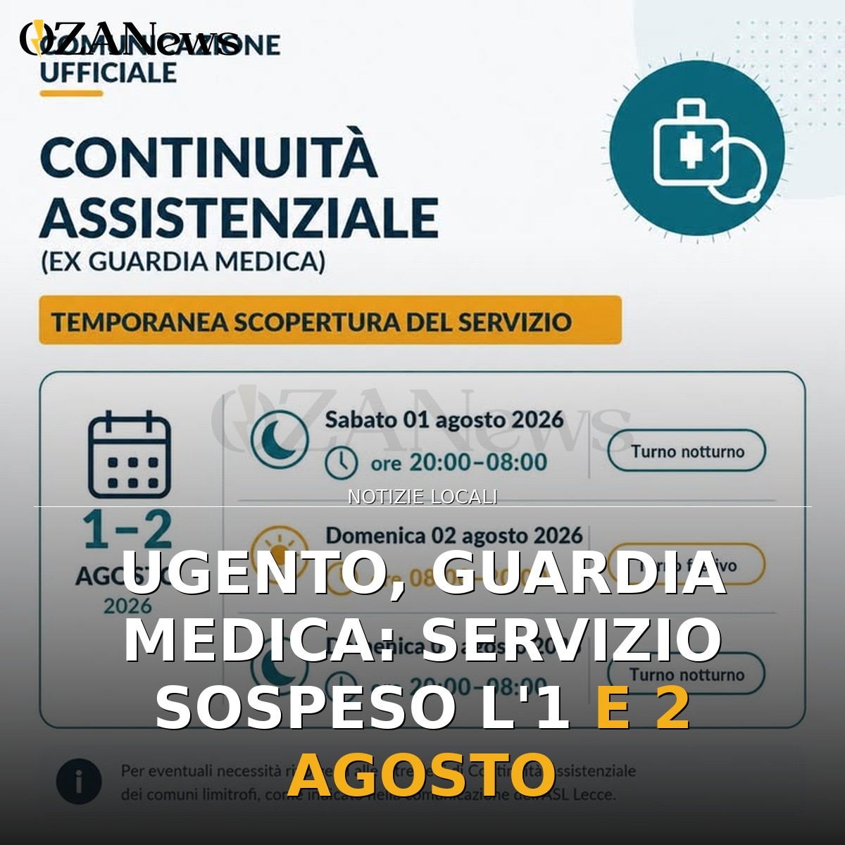 Ugento, Guardia Medica: servizio sospeso l’1 e 2 agosto