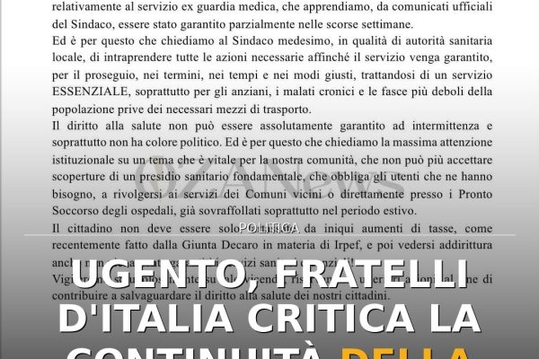 Ugento, Fratelli d'Italia critica la continuità della guardia medica