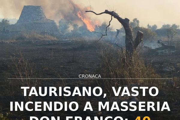 Taurisano, vasto incendio a masseria Don Franco: 40 ettari in fumo