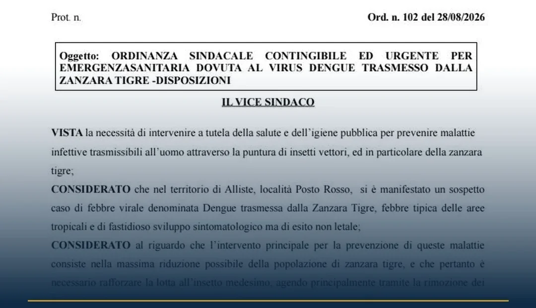 Anteprima di: Alliste, sospetto caso Dengue a Posto Rosso: disinfestazione e chiusura notturna