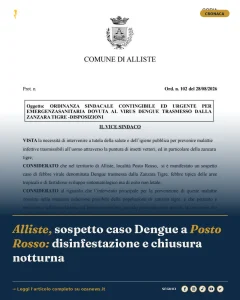 Alliste, sospetto caso Dengue a Posto Rosso: disinfestazione e chiusura notturna