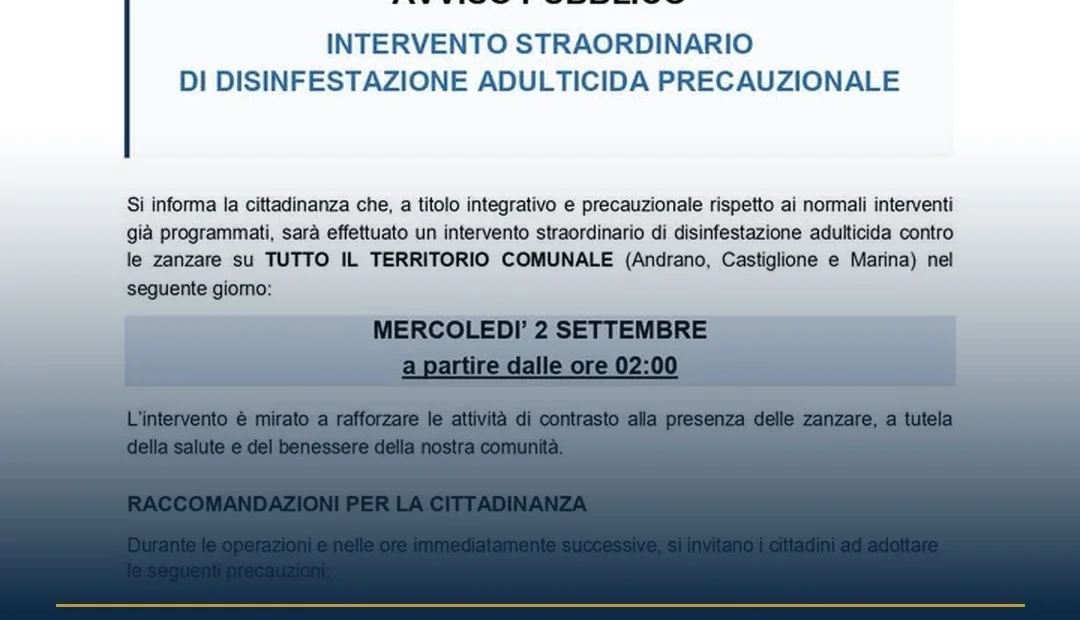 Anteprima di: Andrano, disinfestazione straordinaria contro le zanzare il 2 settembre