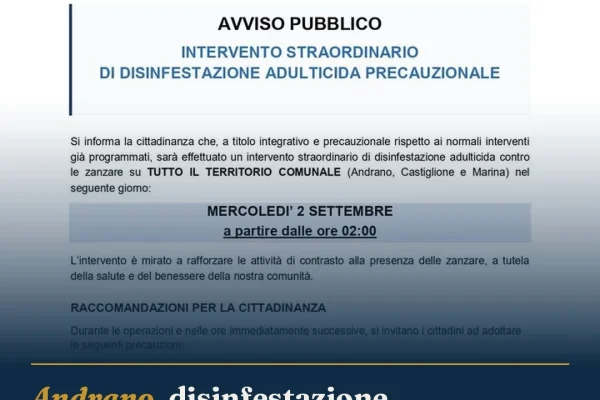 Andrano, disinfestazione straordinaria contro le zanzare il 2 settembre