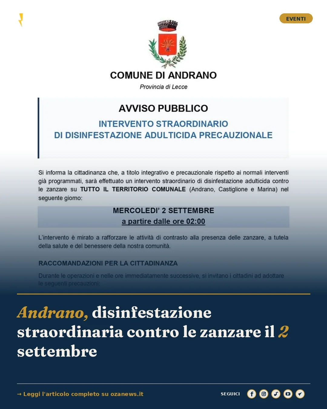 Anteprima di: Andrano, disinfestazione straordinaria contro le zanzare il 2 settembre